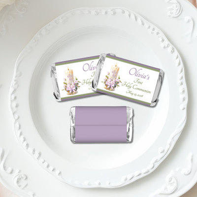 Lavender Candle First Commuion Miniature Candy Wrapper Stickers  - First Communion Favors - FCC351 - STICKERS ONLY :) - Thatsawrapfavors
