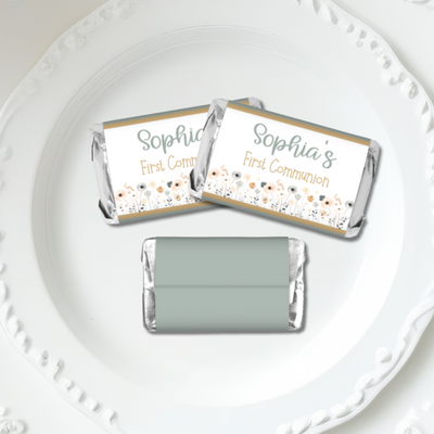 Teal Gold Wildflower First Commuion Miniature Candy Wrapper Stickers  - First Communion Favors - FCC349 - STICKERS ONLY :) - Thatsawrapfavors