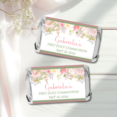 Floral First PinkCommuion Miniature Candy Wrapper Stickers  - First Communion Favors - FCC345 - STICKERS ONLY :) - Thatsawrapfavors