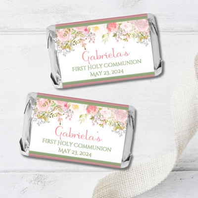 Floral First PinkCommuion Miniature Candy Wrapper Stickers  - First Communion Favors - FCC345 - STICKERS ONLY :) - Thatsawrapfavors