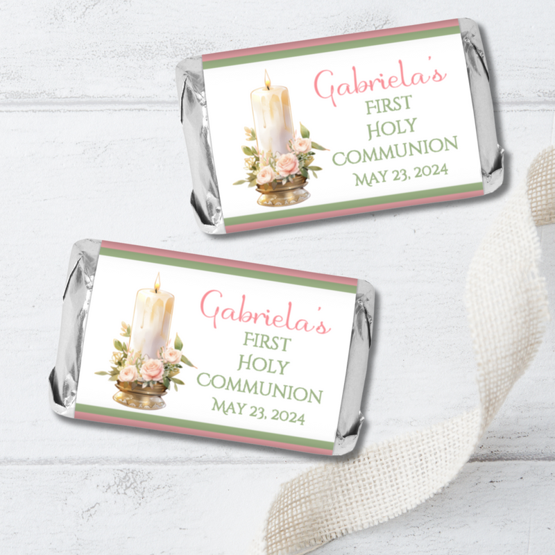 Pink Candle First Commuion Miniature Candy Wrapper Stickers  - First Communion Favors - FCC352 - STICKERS ONLY :) - Thatsawrapfavors
