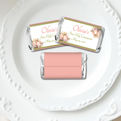 Peach Floral First Commuion Miniature Candy Wrapper Stickers  - First Communion Favors - FCC348 - STICKERS ONLY :) - Thatsawrapfavors