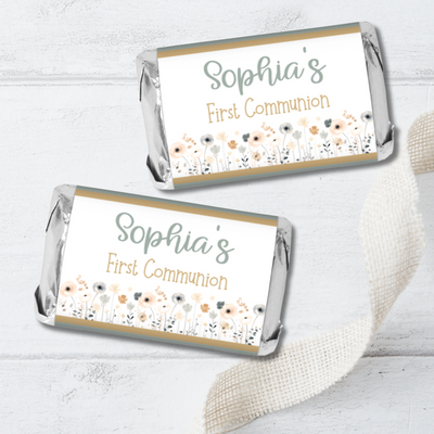 Teal Gold Wildflower First Commuion Miniature Candy Wrapper Stickers  - First Communion Favors - FCC349 - STICKERS ONLY :) - Thatsawrapfavors