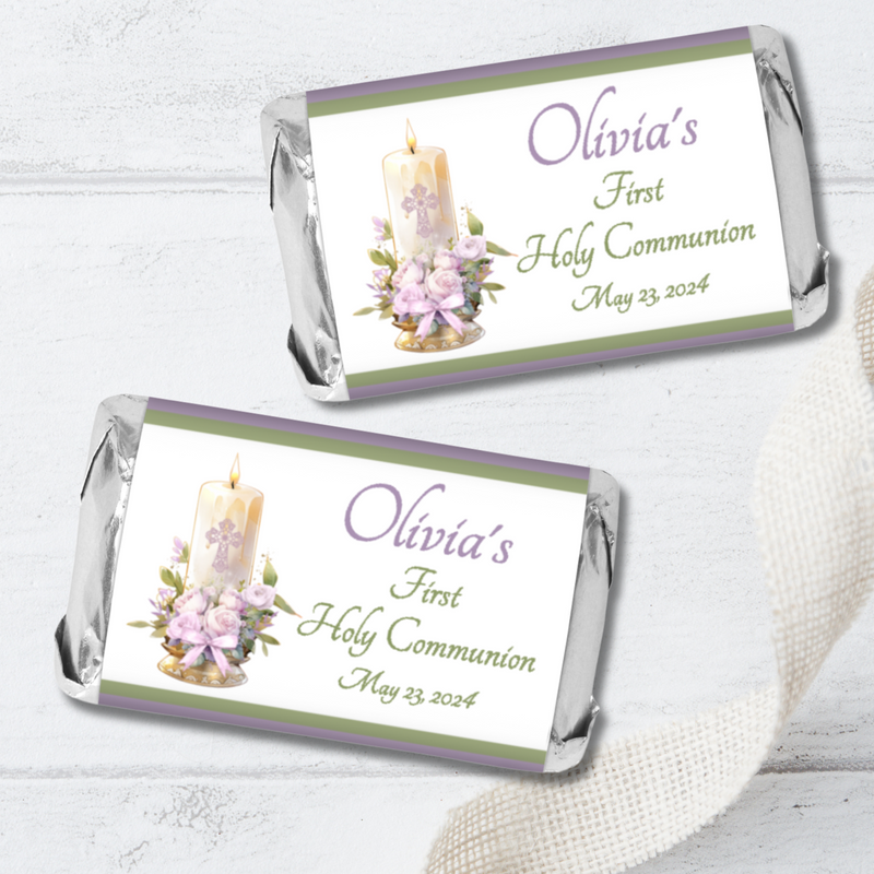 Lavender Candle First Commuion Miniature Candy Wrapper Stickers  - First Communion Favors - FCC351 - STICKERS ONLY :) - Thatsawrapfavors