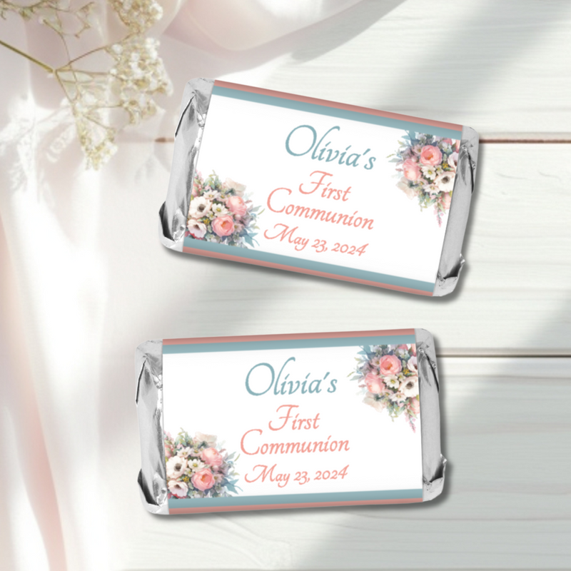 Peach and Blue Floral First Commuion Miniature Candy Wrapper Stickers  - First Communion Favors - FCC347 - STICKERS ONLY :) - Thatsawrapfavors