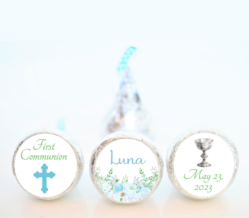 Blue Floral First Communion Hershey Kiss Stickers - FCC011 - STICKERS ONLY :) - Thatsawrapfavors