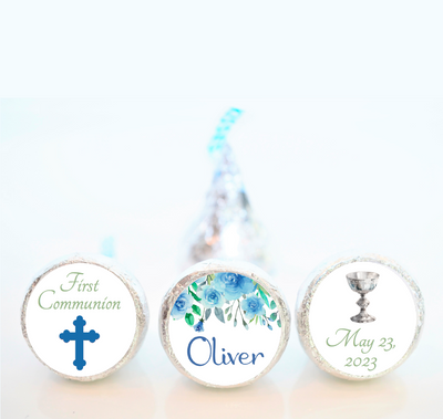 Blue Floral First Communion Hershey Kiss Stickers - FCC013- STICKERS ONLY :) - Thatsawrapfavors