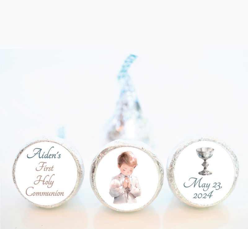 Praying Boy First Communion Hershey Kiss Stickers - FCC015- STICKERS ONLY :) - Thatsawrapfavors