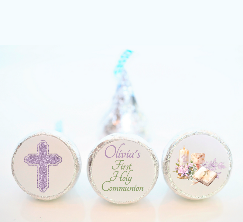 Lavender Cross First Communion Hershey Kiss Stickers - FCC017- STICKERS ONLY :) - Thatsawrapfavors