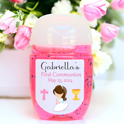 First Communion Hand Sanitizer Party Favor Labels - Many Graphics to Choose From - FCC101 - STICKERS ONLY - Thatsawrapfavors