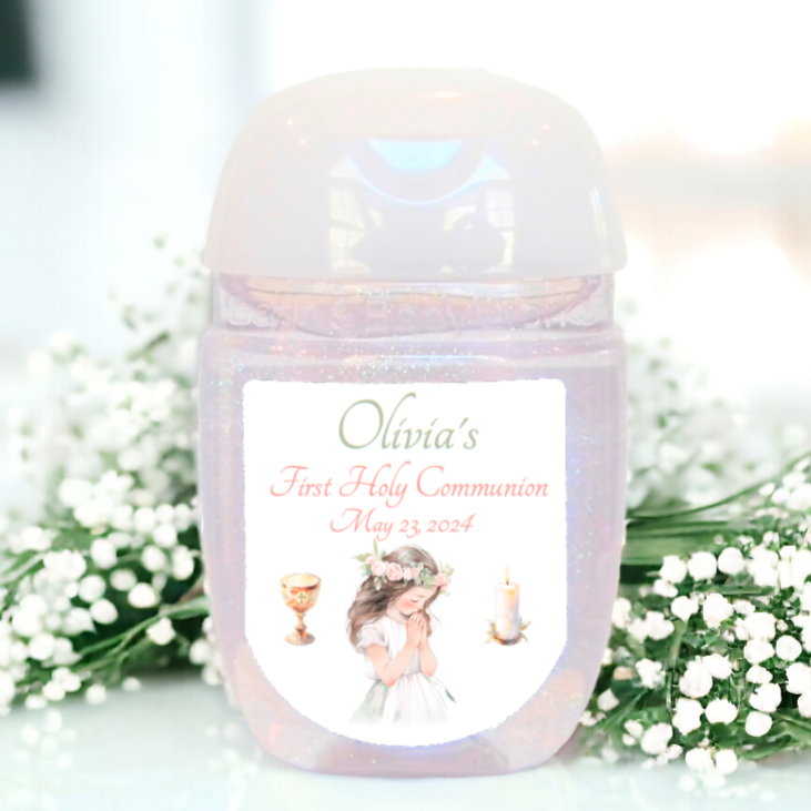First Communion Hand Sanitizer Party Favor Labels - FCC114 - STICKERS ONLY - Thatsawrapfavors