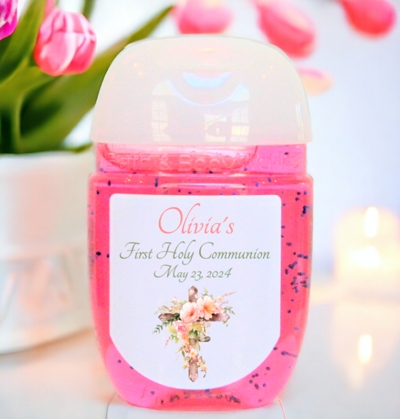Pink Floral Cross First Communion Hand Sanitizer Party Favor Labels - FCC121 - LABELS ONLY :) - Thatsawrapfavors