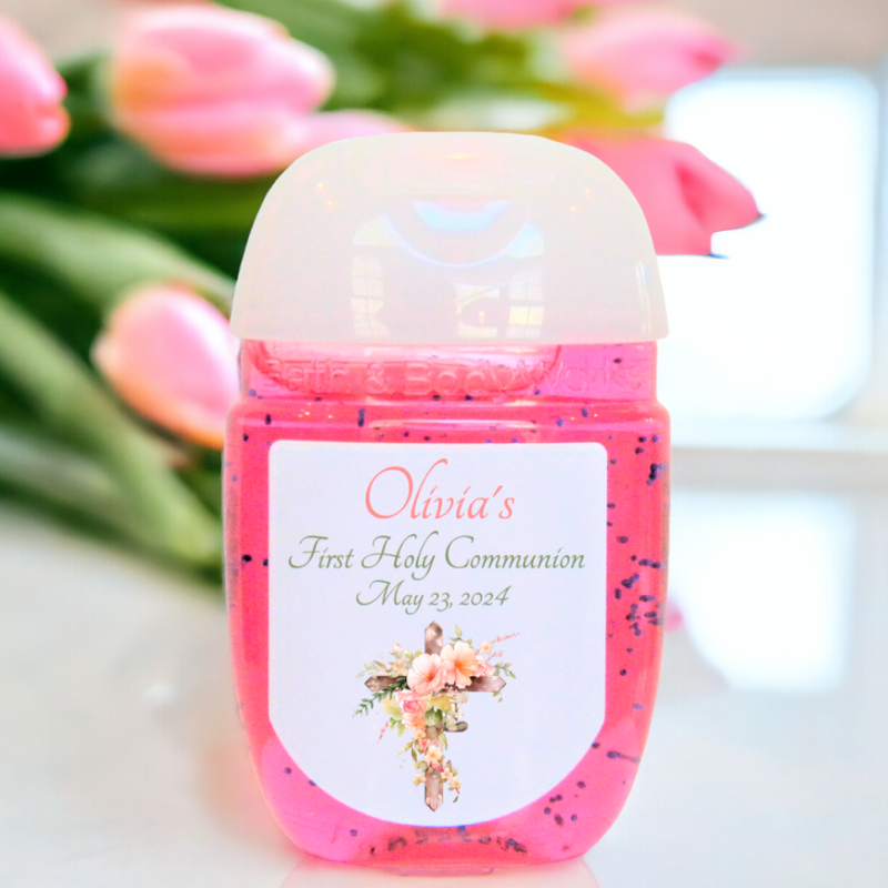 Pink Floral Cross First Communion Hand Sanitizer Party Favor Labels - FCC121 - LABELS ONLY :) - Thatsawrapfavors