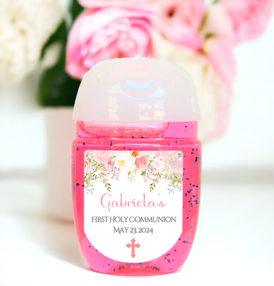 Pink Floral First Communion Hand Sanitizer Party Favor Labels - FCC123 - LABELS ONLY :) - Thatsawrapfavors
