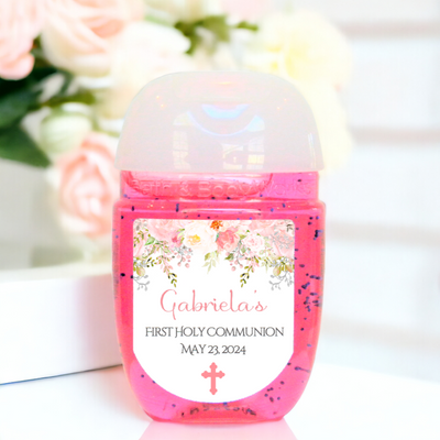 Pink Floral First Communion Hand Sanitizer Party Favor Labels - FCC123 - LABELS ONLY :) - Thatsawrapfavors