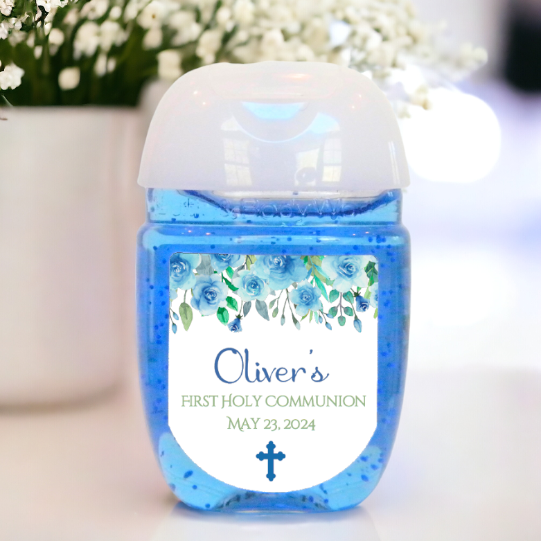 Blue Floral First Communion Hand Sanitizer Party Favor Labels - FCC125 - LABELS ONLY :) - Thatsawrapfavors