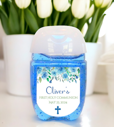 Blue Floral First Communion Hand Sanitizer Party Favor Labels - FCC125 - LABELS ONLY :) - Thatsawrapfavors