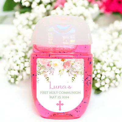 Pink Floral First Communion Hand Sanitizer Party Favor Labels - FCC126 - LABELS ONLY :) - Thatsawrapfavors