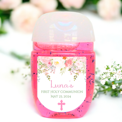 Pink Floral First Communion Hand Sanitizer Party Favor Labels - FCC126 - LABELS ONLY :) - Thatsawrapfavors