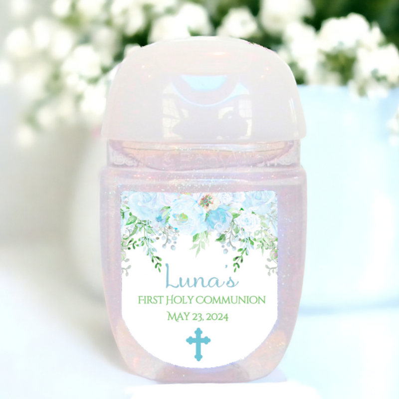 Baby Blue Floral First Communion Hand Sanitizer Party Favor Labels - FCC127 - LABELS ONLY :) - Thatsawrapfavors