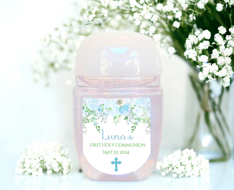 Baby Blue Floral First Communion Hand Sanitizer Party Favor Labels - FCC127 - LABELS ONLY :) - Thatsawrapfavors
