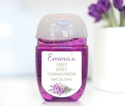Lavender Floral First Communion Hand Sanitizer Party Favor Labels - FCC129 - LABELS ONLY :) - Thatsawrapfavors
