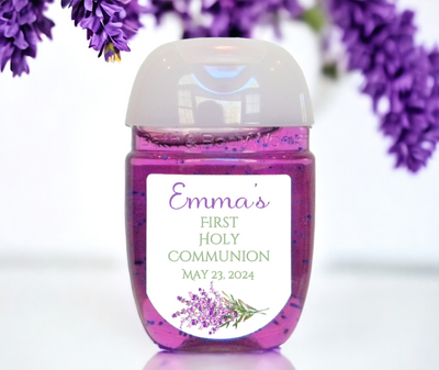 Lavender Floral First Communion Hand Sanitizer Party Favor Labels - FCC129 - LABELS ONLY :) - Thatsawrapfavors
