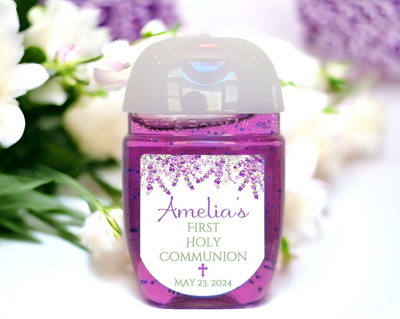 Lavender Floral First Communion Hand Sanitizer Party Favor Labels - FCC130 - LABELS ONLY :) - Thatsawrapfavors