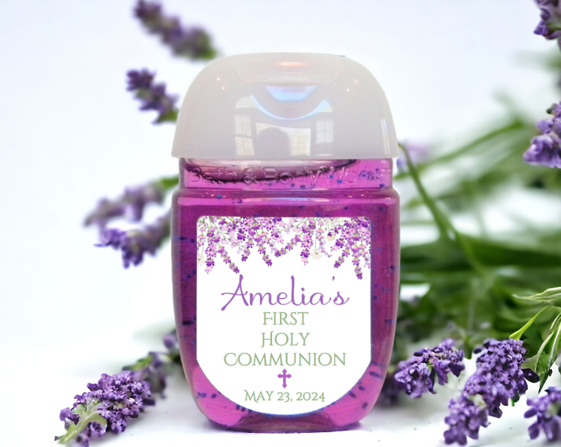 Lavender Floral First Communion Hand Sanitizer Party Favor Labels - FCC130 - LABELS ONLY :) - Thatsawrapfavors