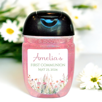 Pink Wildflower Floral First Communion Hand Sanitizer Party Favor Labels - FCC131 - LABELS ONLY :) - Thatsawrapfavors