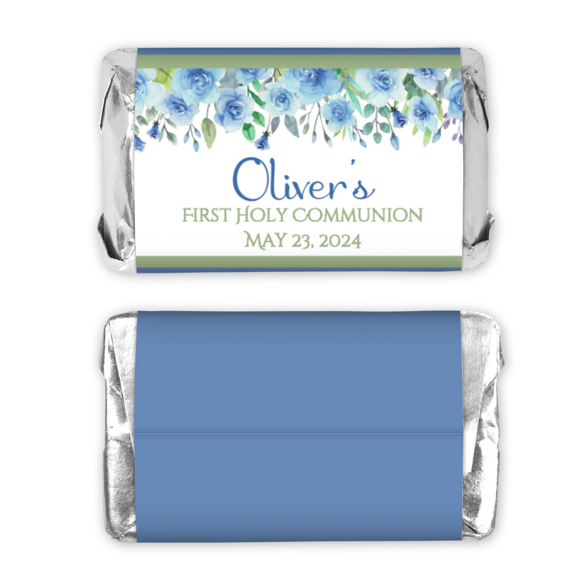 Blue Floral First Commuion Miniature Candy Wrapper Stickers  - First Communion Favors - FCC346 - STICKERS ONLY :) - Thatsawrapfavors