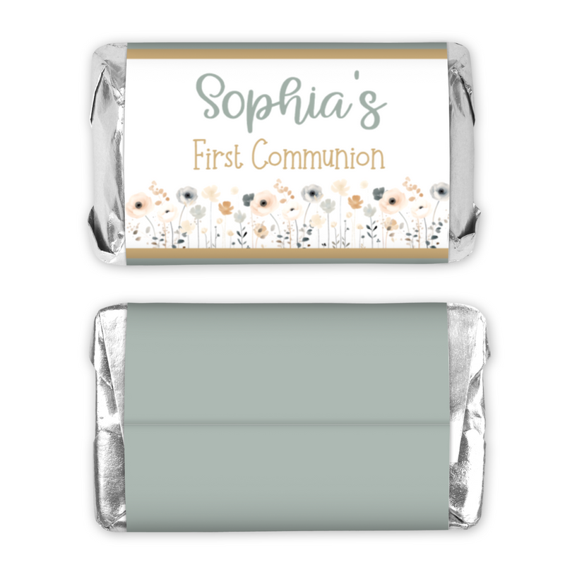 Teal Gold Wildflower First Commuion Miniature Candy Wrapper Stickers  - First Communion Favors - FCC349 - STICKERS ONLY :) - Thatsawrapfavors