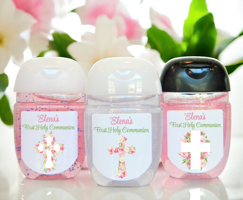 First Communion Favors - Personalized Floral Cross Communion Favor Stickers - Hand Sanitizer Labels - FCC109 - STICKERS ONLY - Thatsawrapfavors