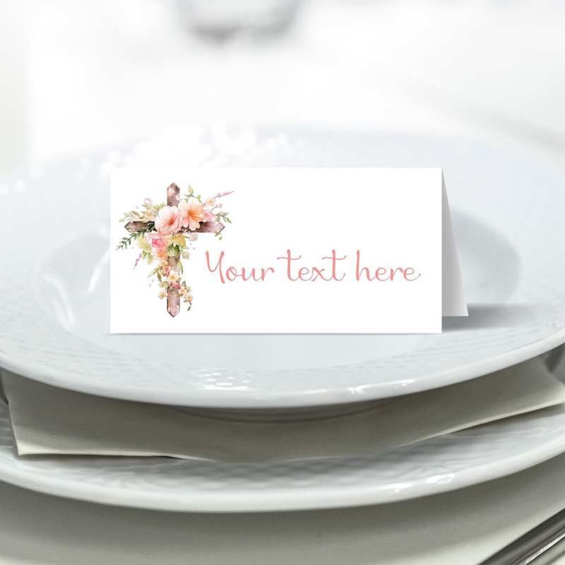 PRINTABLE Pink Floral Cross First Communion Table Tent or Place Card Printables, Communion Table Decor - You Edit & Print - FCC901 - DIGITAL FILE ONLY :) - Thatsawrapfavors