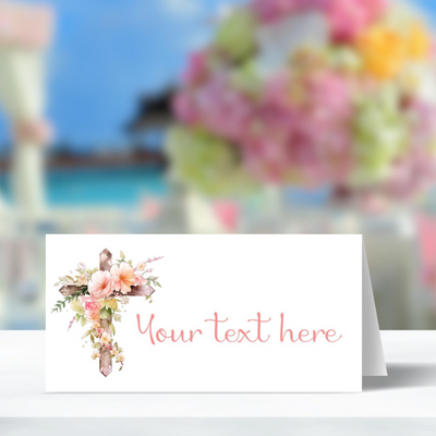 PRINTABLE Pink Floral Cross First Communion Table Tent or Place Card Printables, Communion Table Decor - You Edit & Print - FCC901 - DIGITAL FILE ONLY :) - Thatsawrapfavors