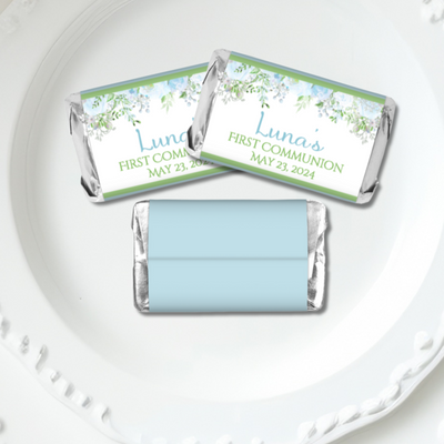 Blue Floral First Commuion Miniature Candy Wrapper Stickers  - First Communion Favors - FCC344 - STICKERS ONLY :) - Thatsawrapfavors