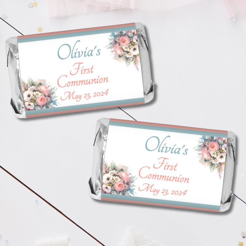 Peach and Blue Floral First Commuion Miniature Candy Wrapper Stickers  - First Communion Favors - FCC347 - STICKERS ONLY :) - Thatsawrapfavors