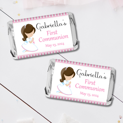 Girl Pink First Commuion Miniature Candy Wrapper Stickers  - First Communion Favors - FCC355 - STICKERS ONLY :) - Thatsawrapfavors