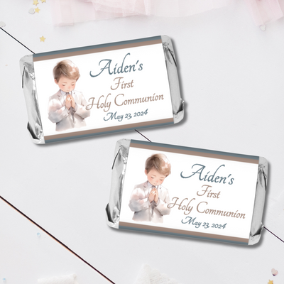 Praying Boy Blue First Commuion Miniature Candy Wrapper Stickers  - First Communion Favors - FCC354 - STICKERS ONLY :) - Thatsawrapfavors
