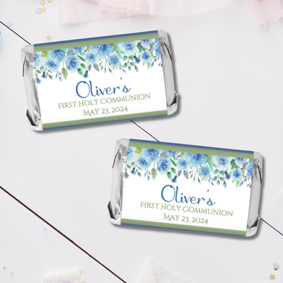 Blue Floral First Commuion Miniature Candy Wrapper Stickers  - First Communion Favors - FCC346 - STICKERS ONLY :) - Thatsawrapfavors