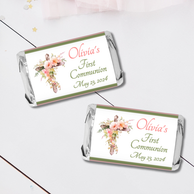 Floral Cross First Commuion Miniature Candy Wrapper Stickers  - First Communion Favors - FCC341 - STICKERS ONLY :) - Thatsawrapfavors