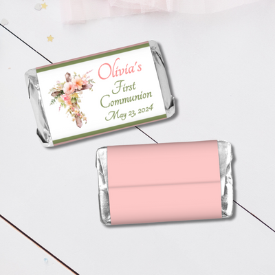 Floral Cross First Commuion Miniature Candy Wrapper Stickers  - First Communion Favors - FCC341 - STICKERS ONLY :) - Thatsawrapfavors