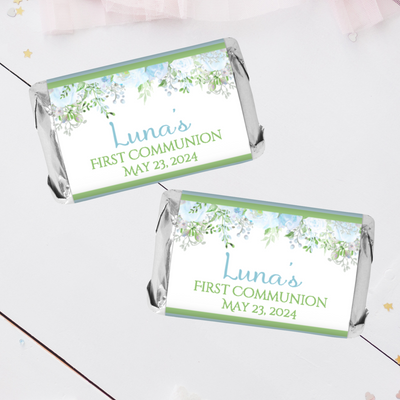 Blue Floral First Commuion Miniature Candy Wrapper Stickers  - First Communion Favors - FCC344 - STICKERS ONLY :) - Thatsawrapfavors