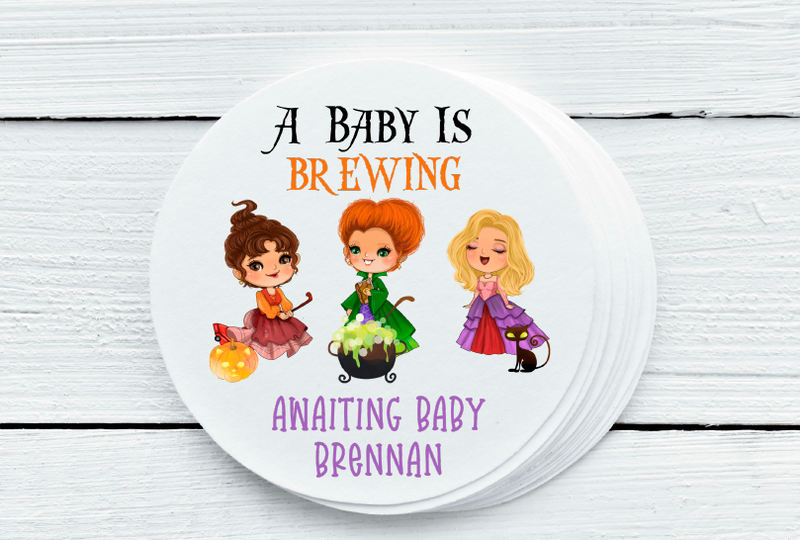 Baby is Brewing 3 Witches Halloween Theme Baby Shower Favor Labels - Gift Tags - Several Sizes Available - BIB026 - Thatsawrapfavors