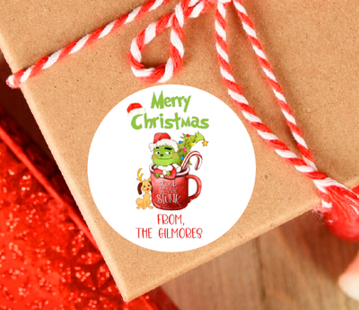 Christmas Grinch in Mug Gift Tags - Party Favor Stickers - Several Sizes and Designs Available - CHR050 - Thatsawrapfavors