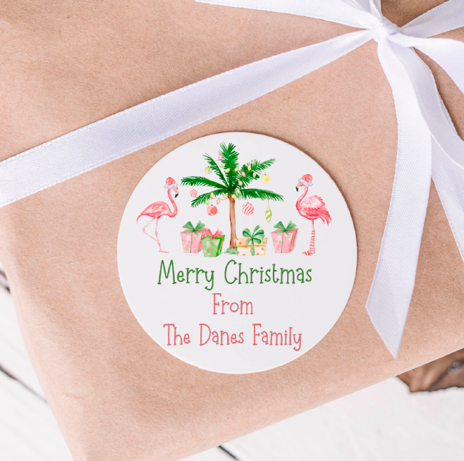 Tropical Christmas Flamingo Gift Tags - Party Favor Stickers - Several Sizes and Designs Available - CHR052 - Thatsawrapfavors