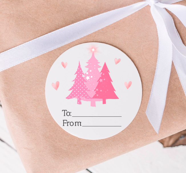 Pink Christmas Trees Gift Tags - Party Favor Stickers - Several Sizes and Designs Available - CHR055 - Thatsawrapfavors