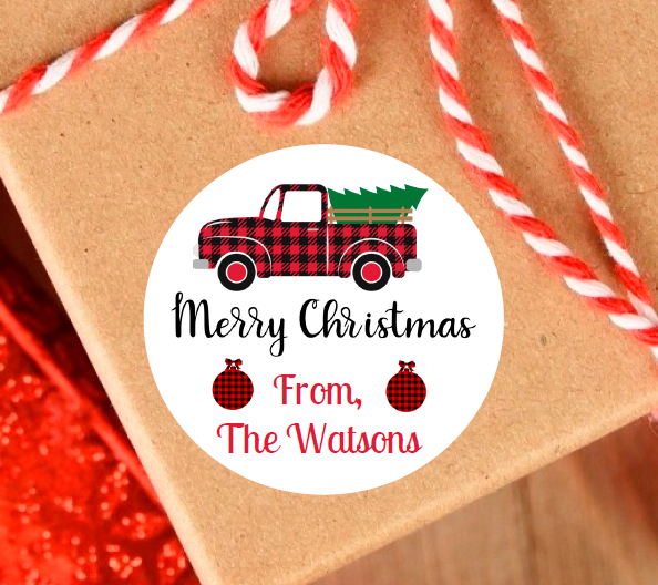 Plaid Christmas Truck Gift Tags - Party Favor Stickers - Several Sizes and Designs Available - CHR061 - Thatsawrapfavors