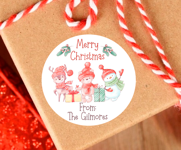 Cute Christmas Bear and Friends Gift Tags - Party Favor Stickers - Several Sizes and Designs Available - CHR064 - Thatsawrapfavors