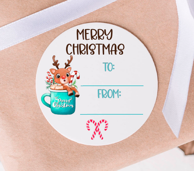 Rudolph in Mug Gift Tags - Party Favor Stickers - Several Sizes and Designs Available - CHR066 - Thatsawrapfavors